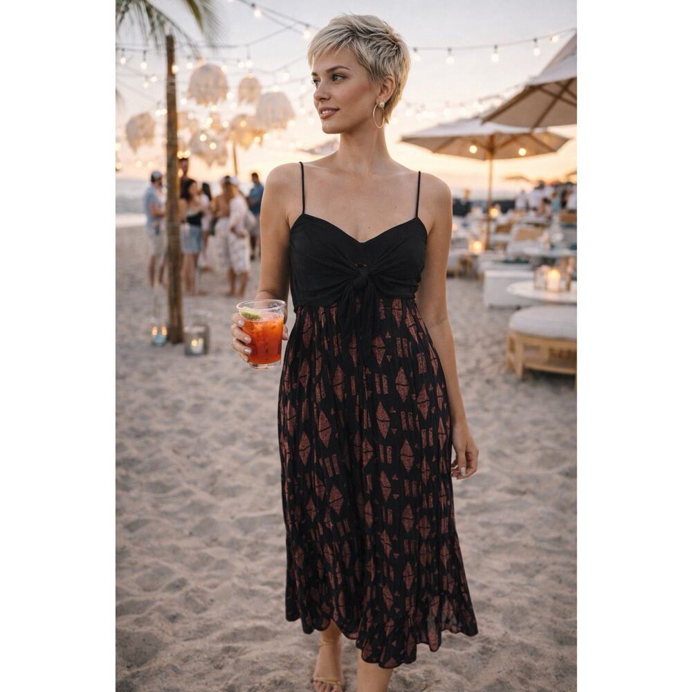 Free People Black Boho Maxi Dress Twist Bust Hi Low Hem Vacation Ready Sz M